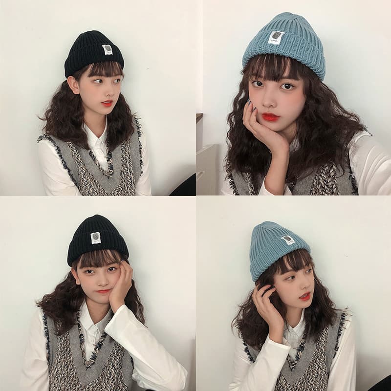 Ins impressão digital chapéu de lã japonês versão coreana feminino outono inverno engrossado chapéu de malha cor sólida