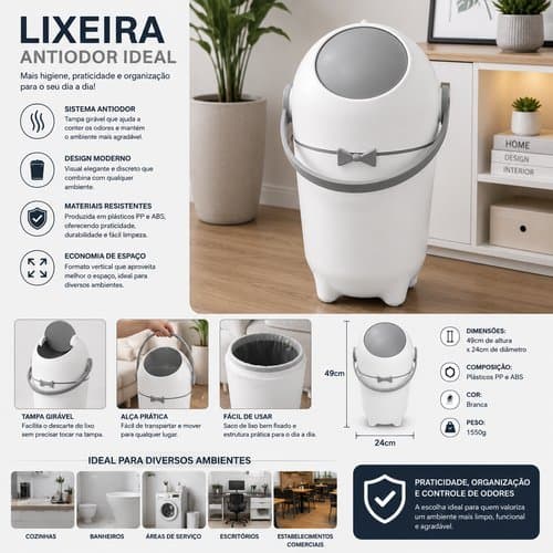 Lixeira Antiodor Banheiro Cozinha Fraldas Tampa Giratória 10 Litros Branca