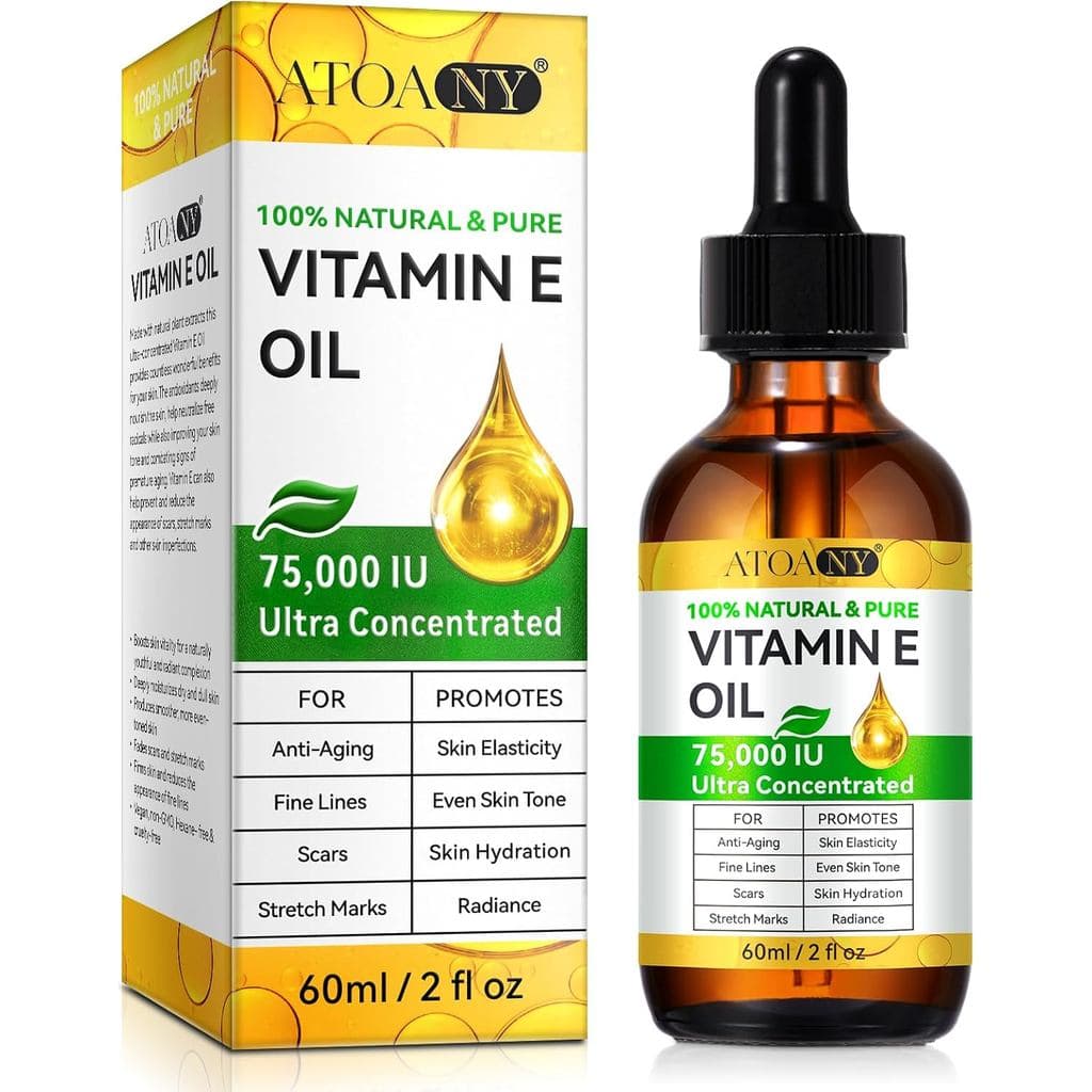 Óleo de Vitamina E 75.000 IU 2 Fl Oz - Óleo de Vitamina E 100% Puro para Pele, Rosto, Cabelo, Corpo - Antioxidante Natur