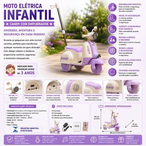 Moto Elétrica Infantil Candy com Empurrador - Lilás