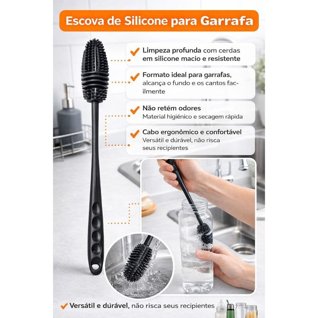 Kit Escova Silicone Lavar Louça Garrafa Térmica Mamadeira Copo Limpeza Profunda Difícil Não Risca