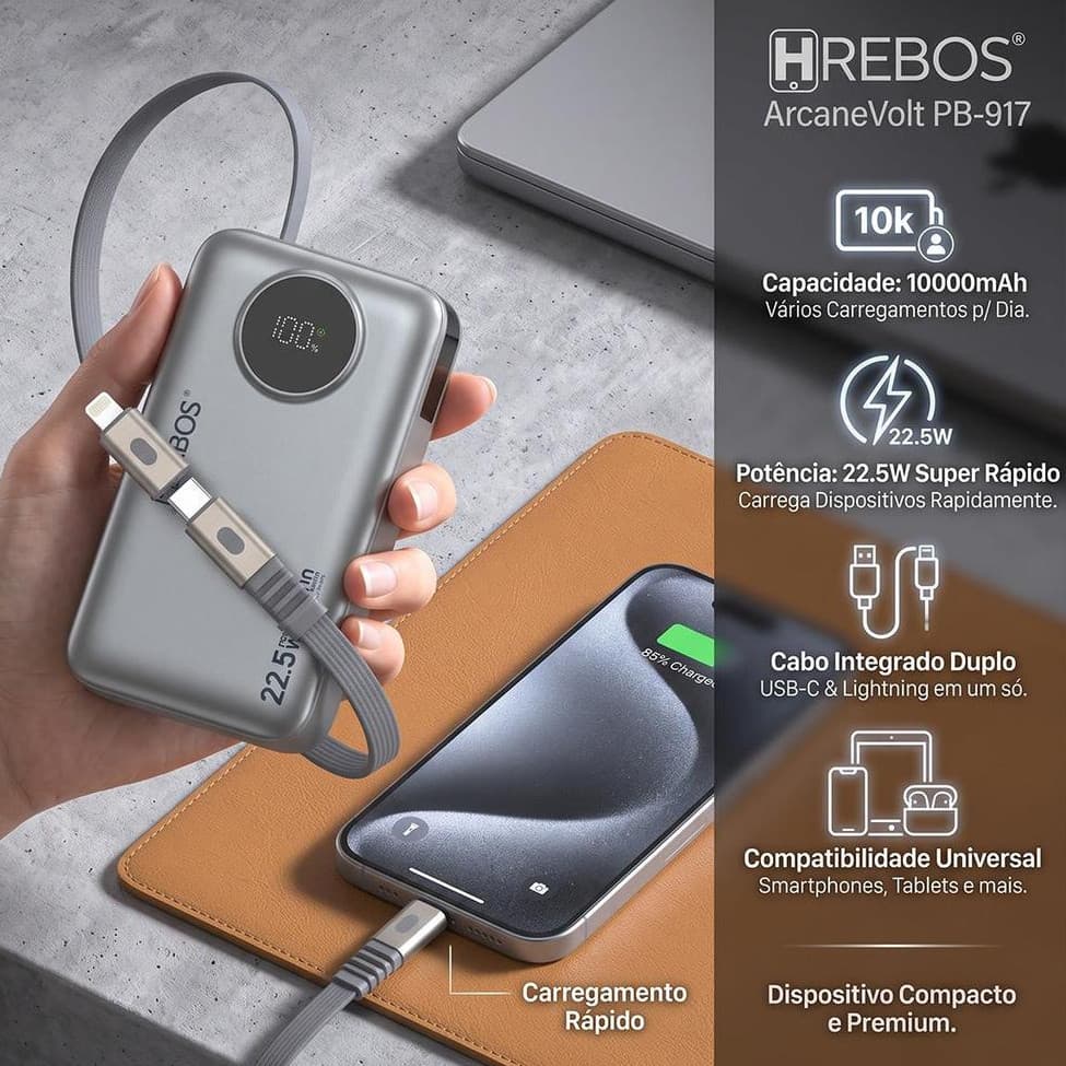 Hrebos Power Bank  PB-917 10000mAh Carga Rápida 22.5W, Bateria Externa com Cabo 2 em 1 Lightning/Tipo-C Integrado,