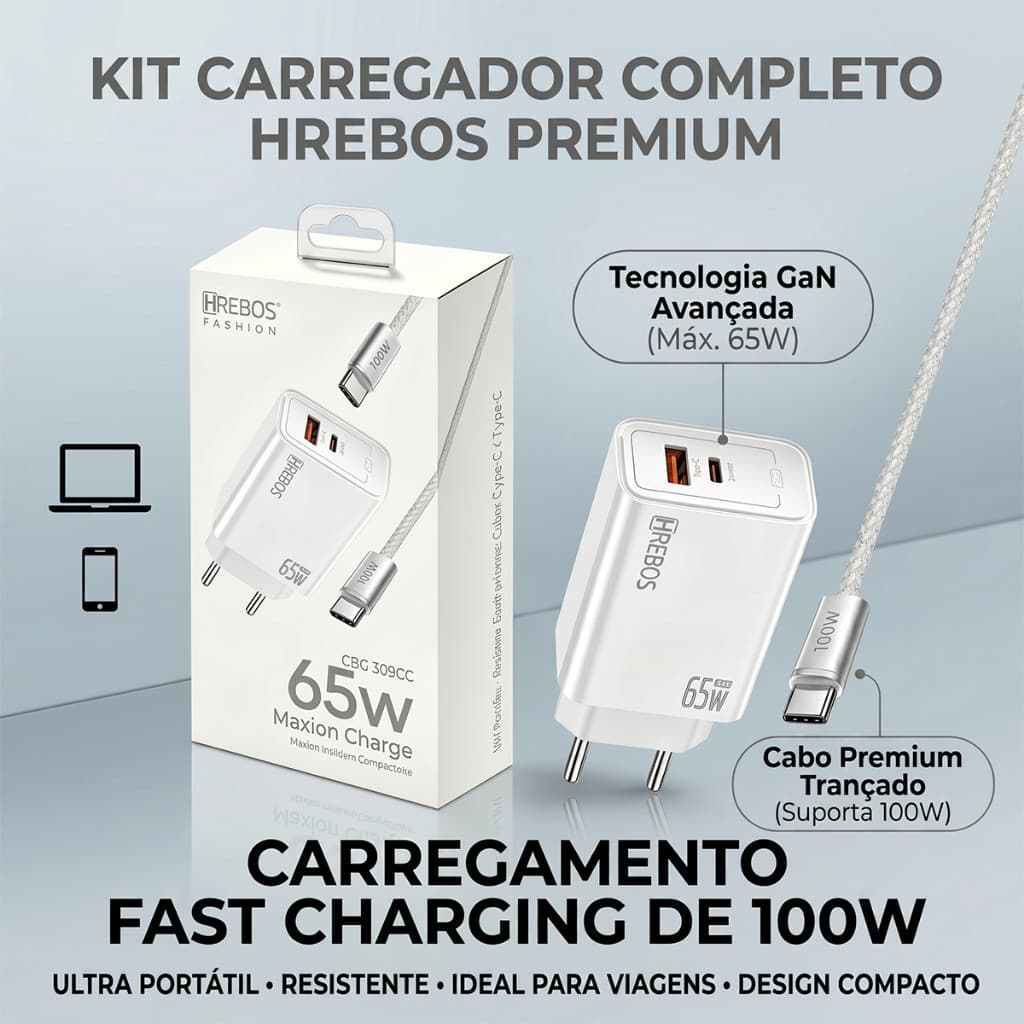 HREBOS Kit de carregador de 100W Suporta carregamento rápido e protege a bateria do celular.Fácil de transportar