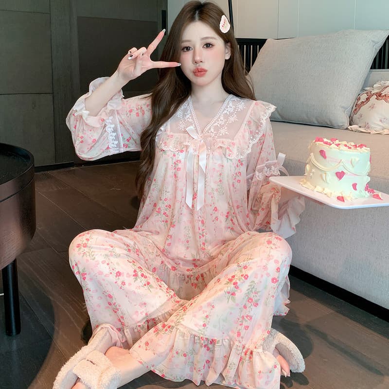 Linglei primavera outono estampado renda doce solto estilo princesa conjunto de pijama de gaze Loungewear