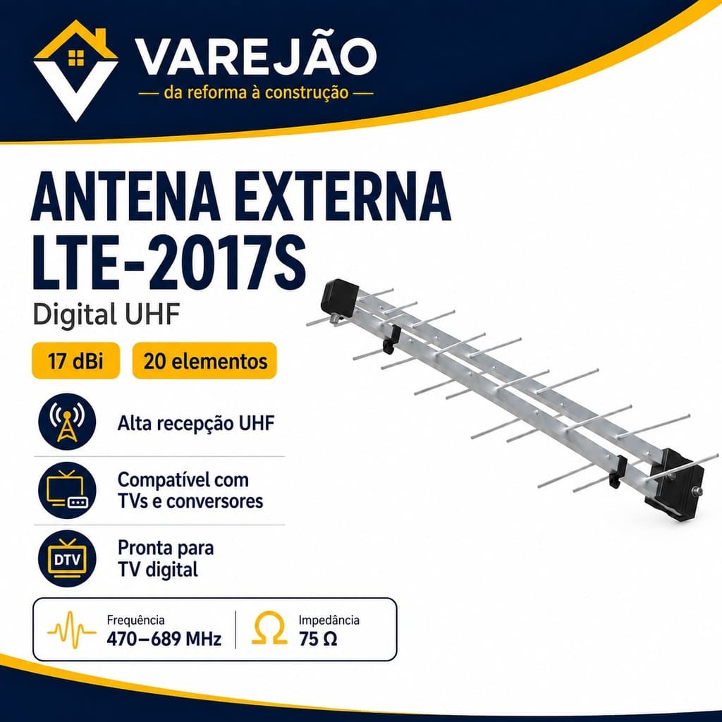 Antena Digital TV Externa HD Full HD 4K UHF VHF Sinal Forte Para Smart TV e Conversor 20 Elementos