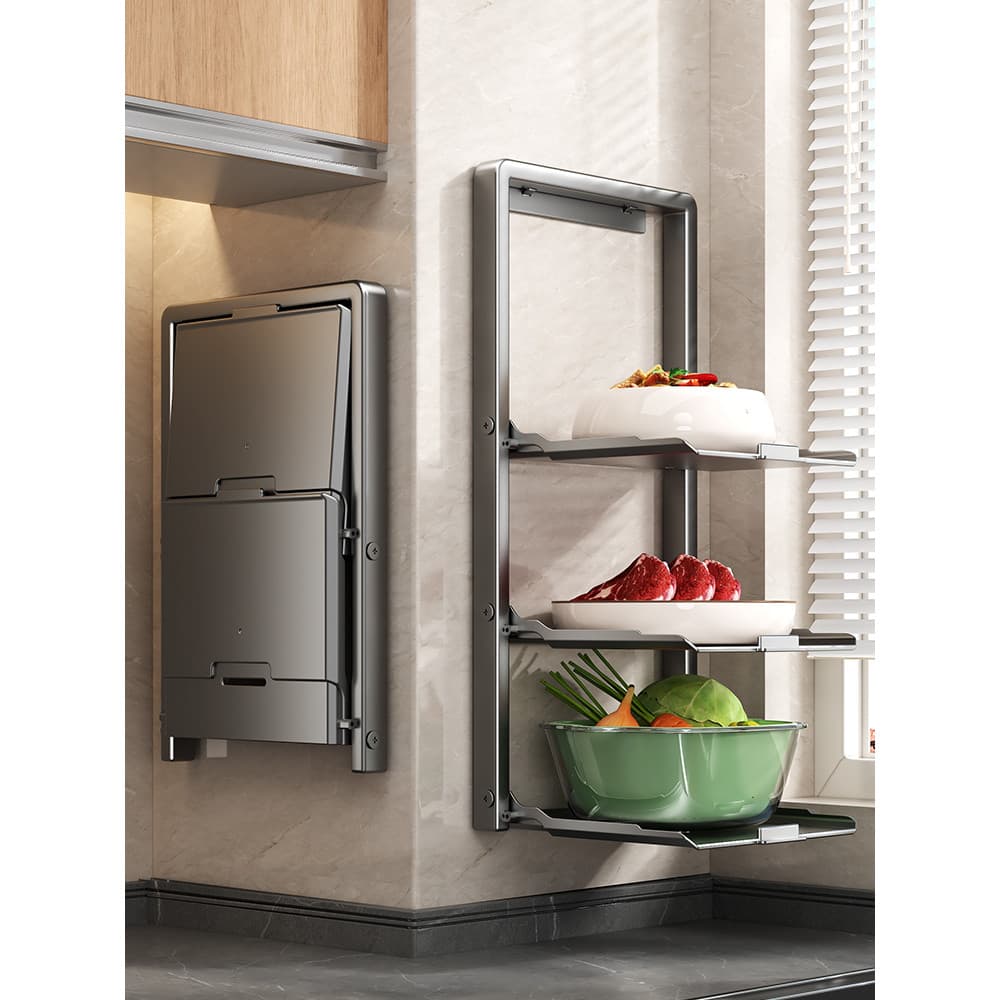 Cozinha preparando rack dobrável Multi-camada placa lateral doméstico armazenamento de parede ferramenta útil pote quent