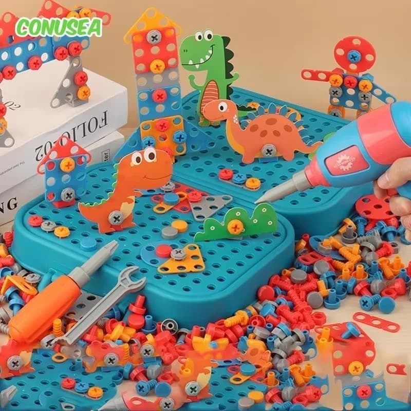 Crianças Brinquedos Conjunto De Ferramentas Broca Elétrica Parafuso Porca 3D Quebra-Cabeça Fingir Jogar Dinossauro Perfu