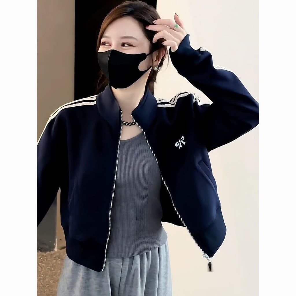 Design de moda com zíper Cardigan forro bordado arco primavera outono solto mais magro olhar de manga comprida jaqueta c