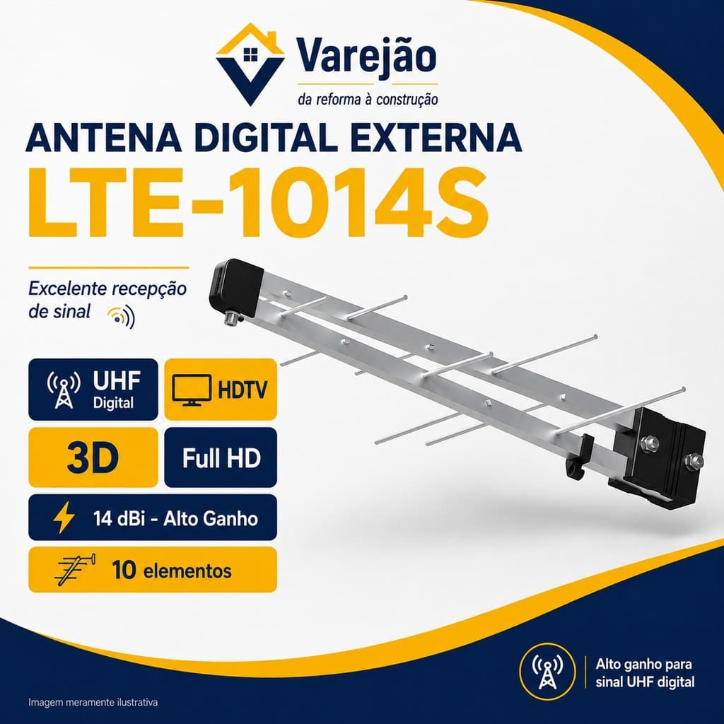 Antena Digital TV Externa HD Full HD 4K UHF VHF Sinal Forte Para Smart TV e Conversor 10 Elementos