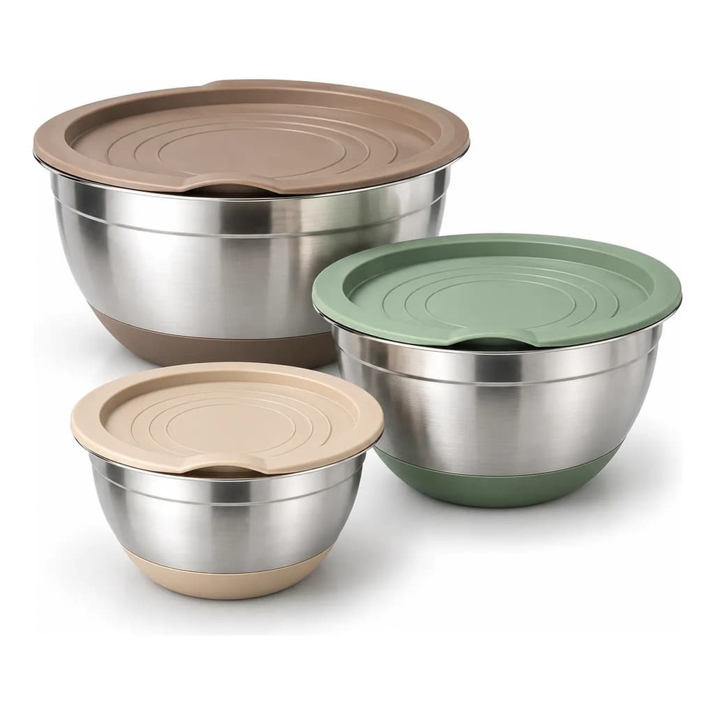 Kit 3 Bowls Tigelas Aço Inoxidável Com Tampas Base Silicone