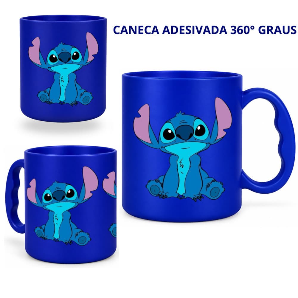 Kit Canecas Stitch 430ml Plástico Infantil ADESIVADA 360° Toda a Volta Festa Lembrancinha