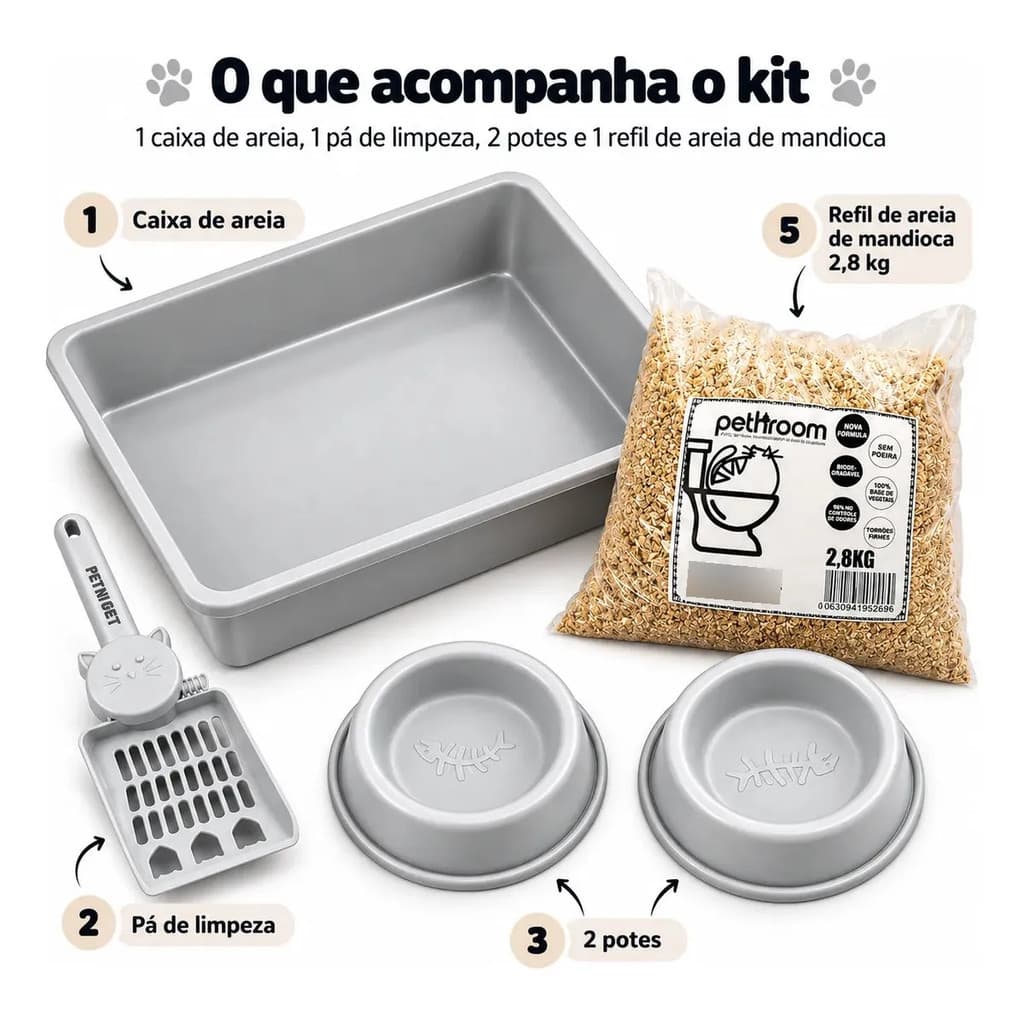 Areia Gato Mandioca Com Kit Comedouro Bebedouro Pá E Caixa