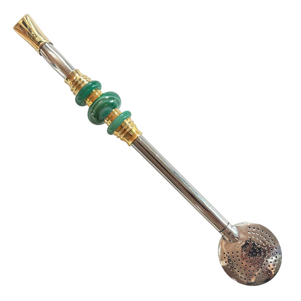 Bomba de Chimarrão 3 Elos Pedra Verde Banhada Ouro Com Rosca