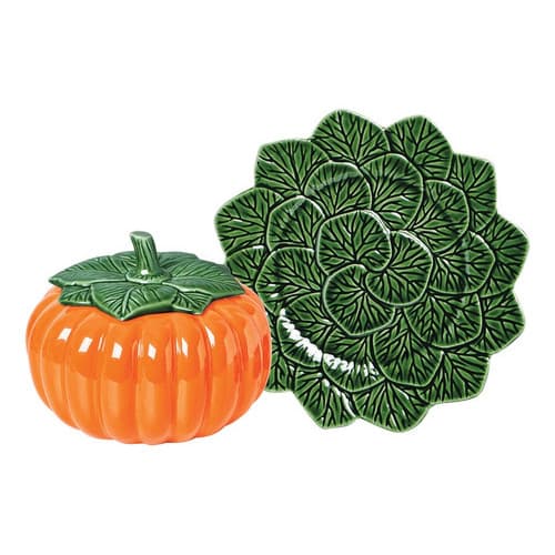 Kit Cumbuca Moranga Grande 3.5l Com Travessa Folha Verde Para Caldos Laranja