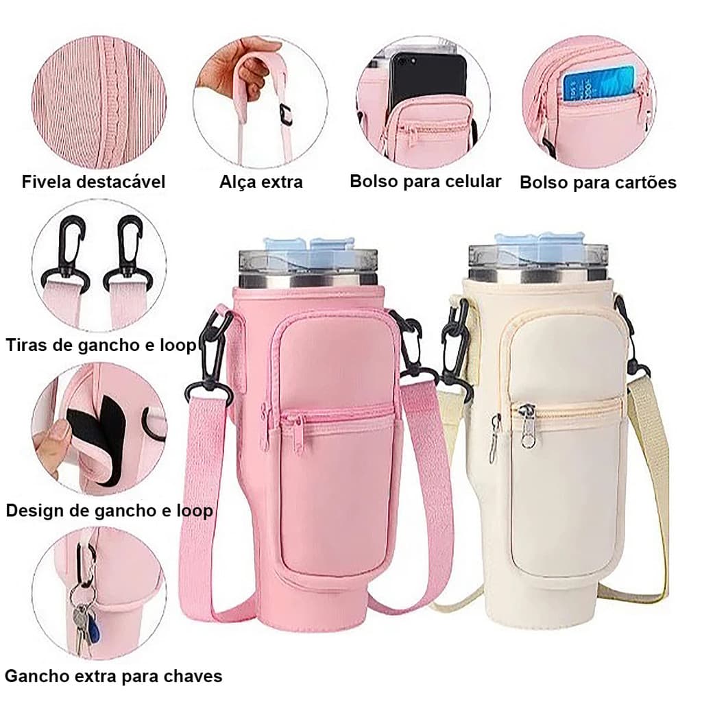 Porta Copo ou garrafa Alça Ajustável e Bolso em Neoprene Uso Diagonal Para o Ombro Portátil de 40OZ Copo