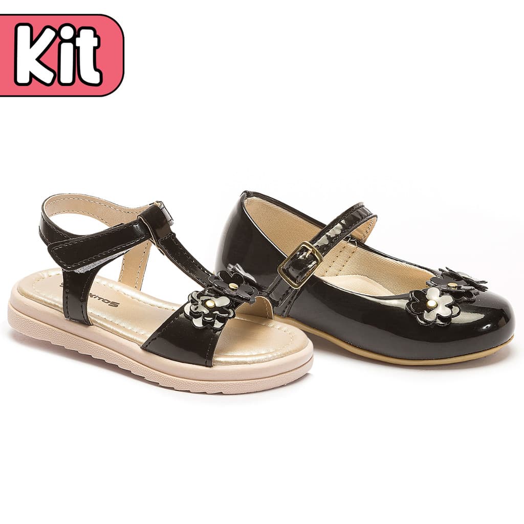 Kit Sandália + Sapatilha Infantil Preta Menina Verão Tamanho 22 ao 27 Sapekitos