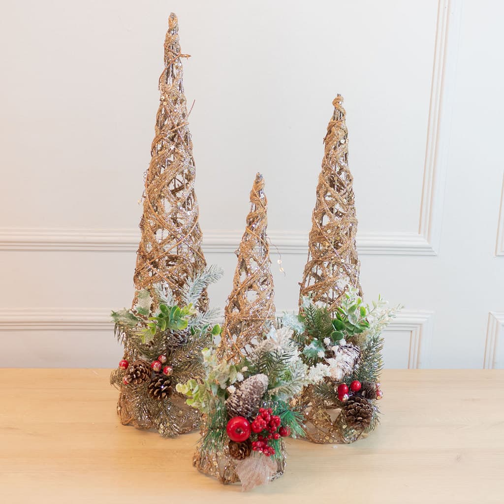 Trio de Árvores Decorativas 40/50/60cm Douradas com folhagens