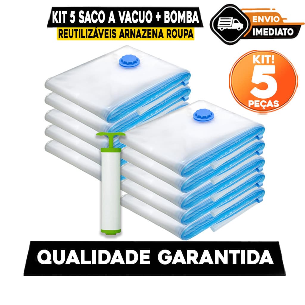 Kit 5 Saco a Vacuo Organizador + Bomba Reutilizáveis Viagem Organiza Mala Arnazena Roupa