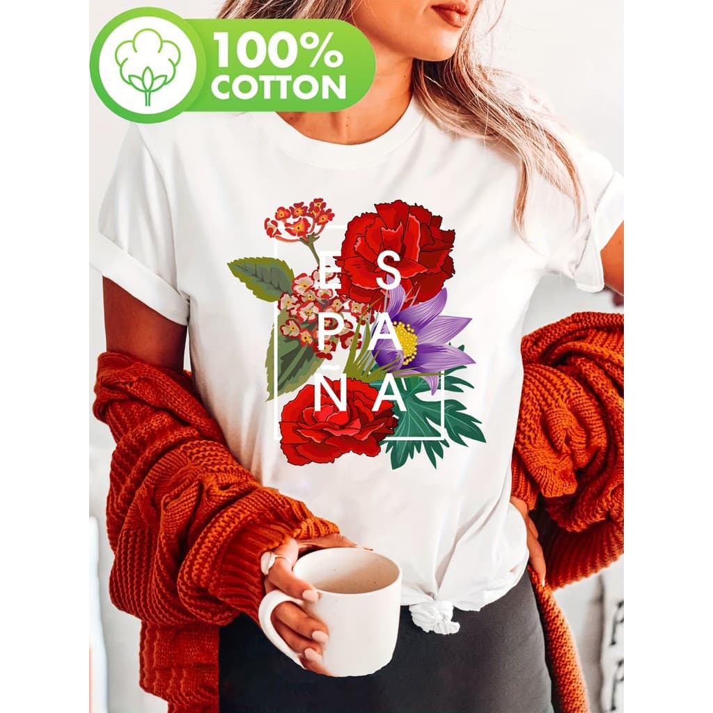 Camiseta Feminina Espanha Estampa Floral Espanhola Linda Confortável Estilosa Moda Verão