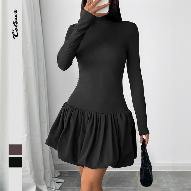 Moda Feminina Vestido Senhoras Saia Simples Elegante Gola Alta Magro Tutu Feminino