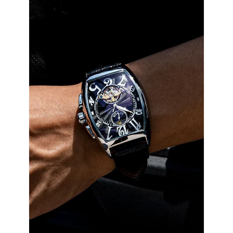 2025 novo estilo em forma de barril relógio mecânico moda masculina único Casual oco relógio totalmente automático turbi