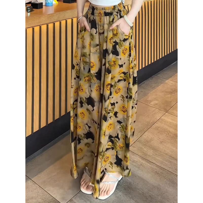 Hakama calças compridas florais femininas primavera verão estilo fino temperamento cintura alta solta mais magro olhar g