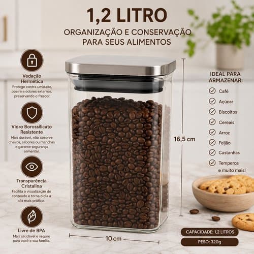 Pote Hermetico Retangular Vidro Tampa Inox Vedacao Perfeita Preservacao Alimentos 1,2 L