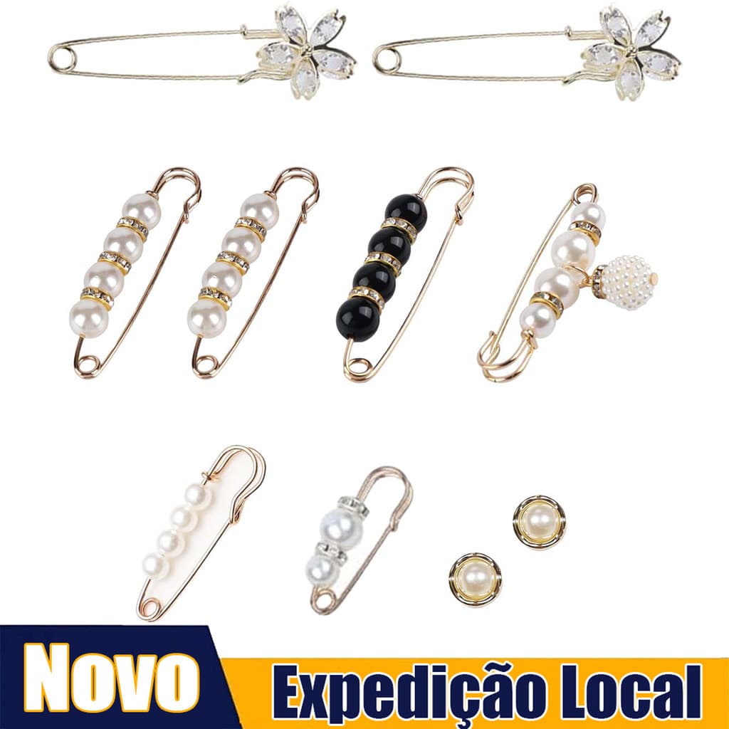 Kit 10 Broches Femininos Pérola Luxo Alfinete para Roupas Casaco Cachecol Saia Bolsa e Acessórios