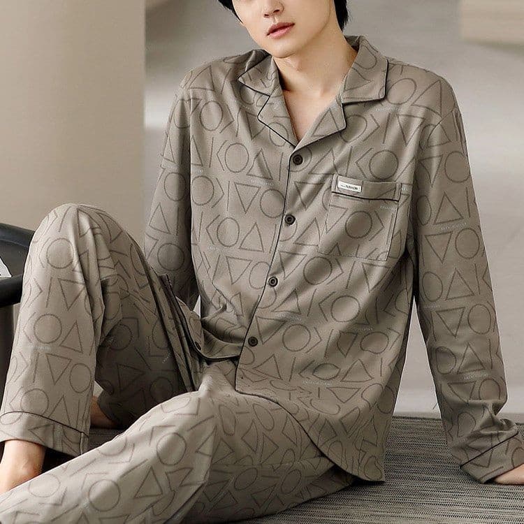 Pijamas masculinos femininos 2025 primavera outono padrão geométrico impresso pijamas de manga comprida masculino confor