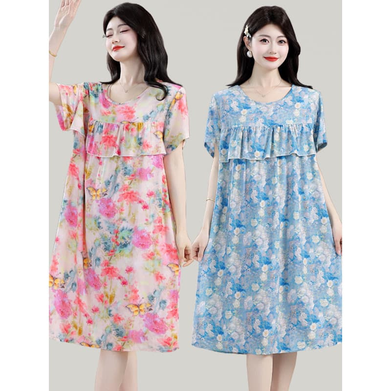 Anti-colisão algodão seda camisola feminina verão manga curta babados algodão seda pijamas Rayon vestido pijamas vestido