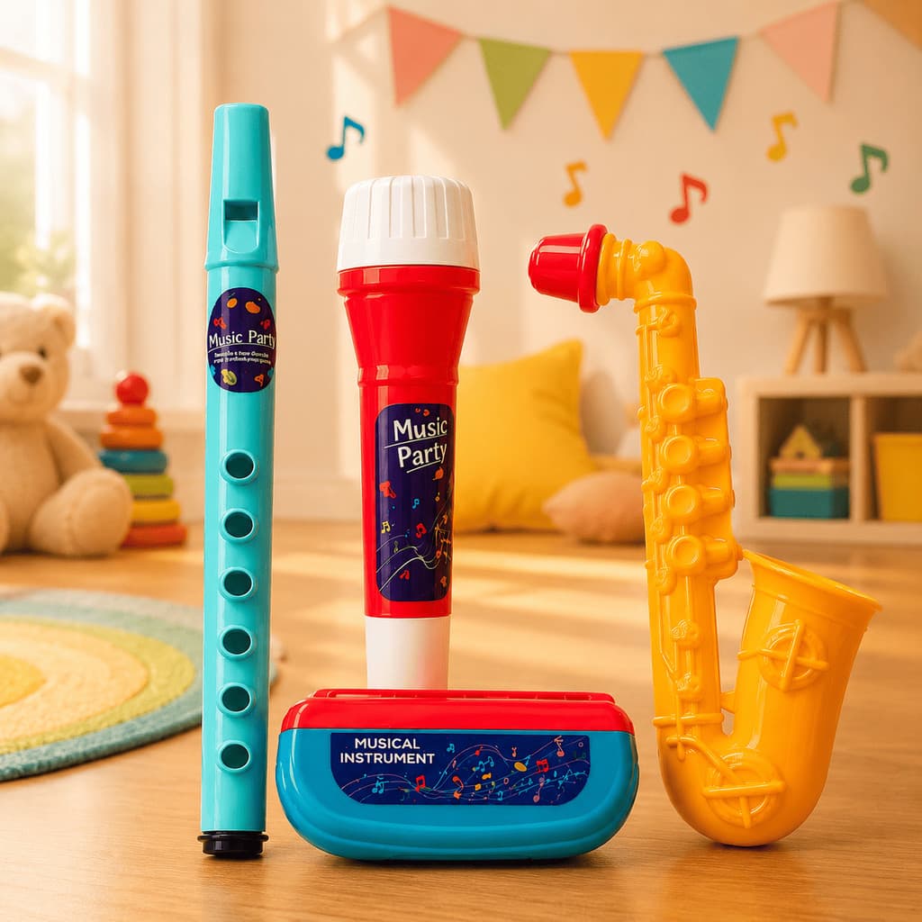 Kit Instrumentos Musicais Infantil 4 Peças Microfone Flauta Gaita Trompete Brinquedo Educativo +3 Anos