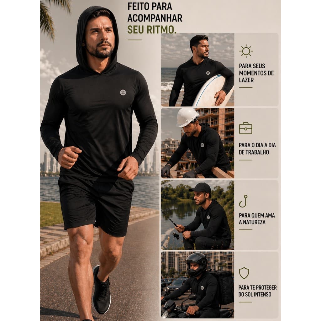 Blusa Manga Longa UV50+ Com Capuz Segunda Pele Camiseta Blusa Malha Fria Academia Esportes