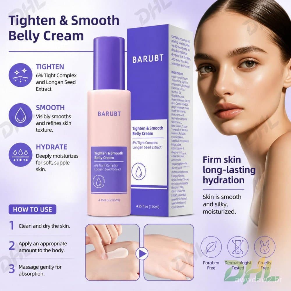 BARUBT Tighten & ooth Belly, Loção Hidratante Firmadora para o Corpo com 6% de Complexo Firmador e Longan, Hidratante de