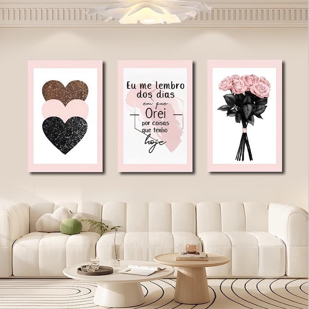 Quadros Decorativos Para Sala de Estar Quarto e Escritório Decoração com Flores Lembro-me da Oração Coração Rosa