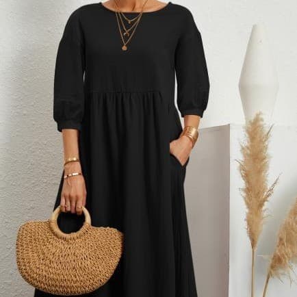 2026 Cross-Border novo estilo cor sólida lanterna manga solta algodão linho bolso vestido linha A pronto estoque