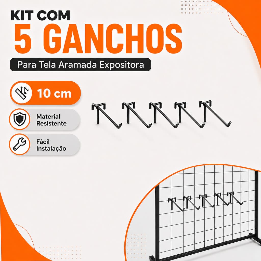 Kit 5 Ganchos 10cm para Tela Aramada Expositor Loja Preto