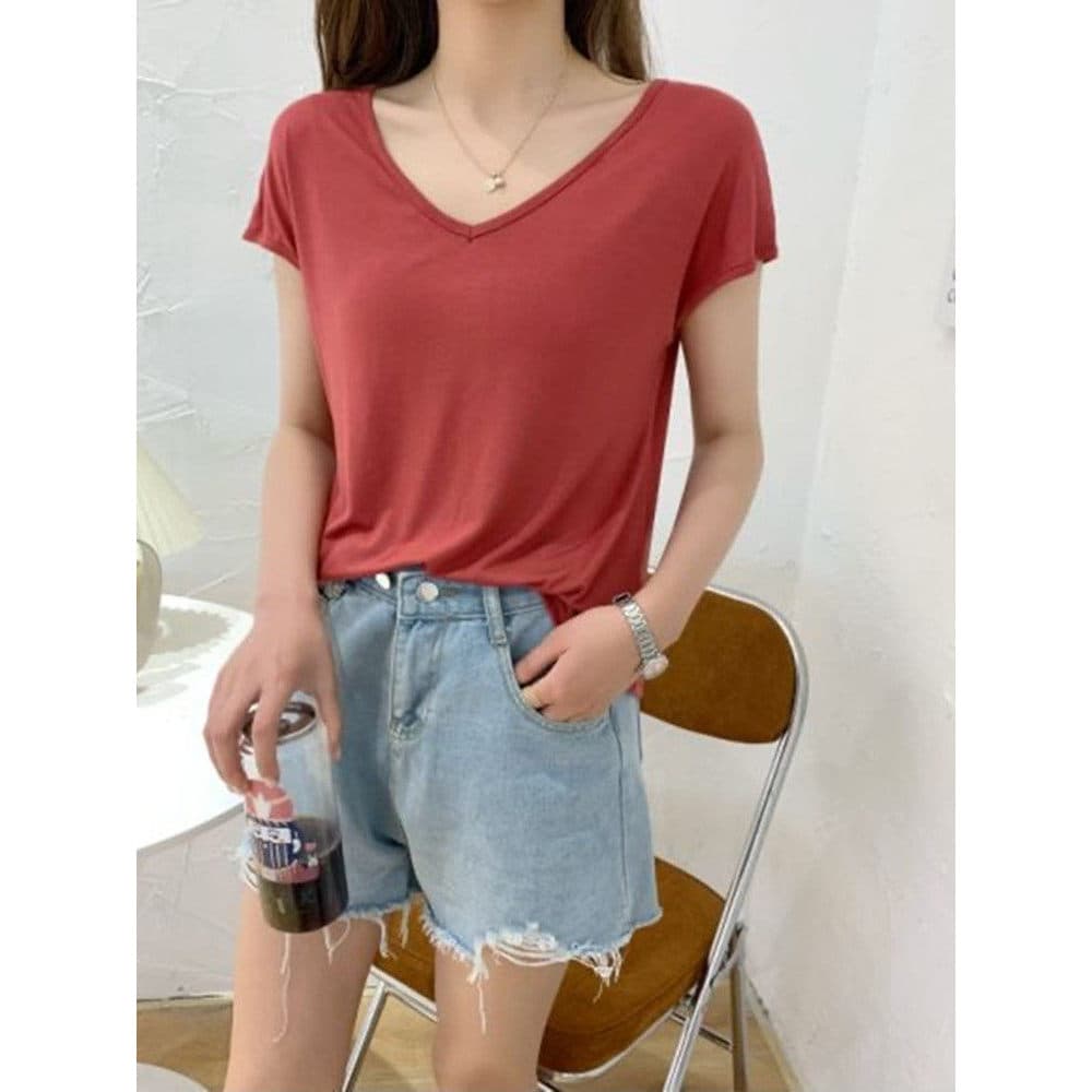 Modal feminino verão estilo fino solto mais magro olhar com decote em V sem mangas camiseta cor sólida simples interior