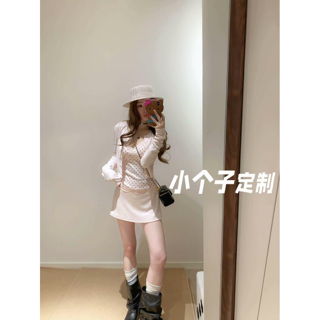 Terno feminino pequeno rosa de manga comprida Cardigan interior camisola feminina verão mais magro olhar saia terno de t