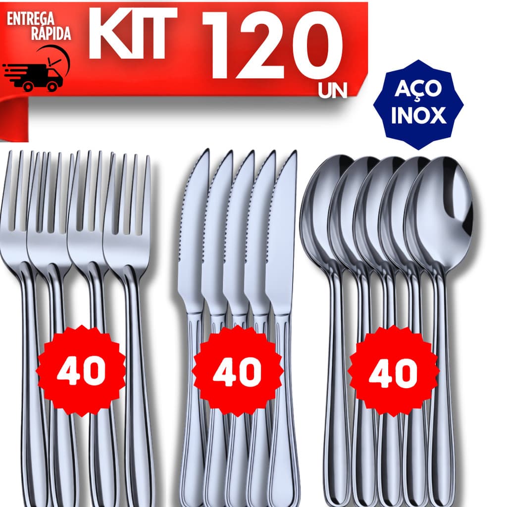 Kit Premium 120/105/54 de Garfos Colheres e Facas Aço Inox Mesa Cozinha Restaurantes Buffet Talher Utensílios Talheres