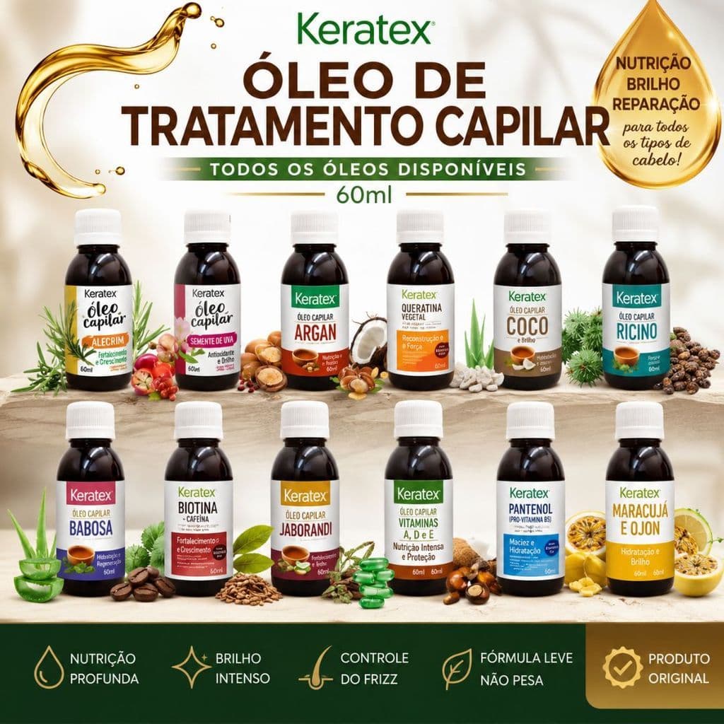 Keratex Óleo de Tratamento Capilar Original 60ml | Todos os Óleos Disponíveis | Nutrição, Brilho e Reparação dos Fios