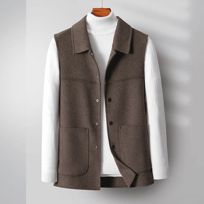 Colete de lã dupla face na moda masculino curto topo outono inverno colete térmico de lã lapela Snap-On cintura