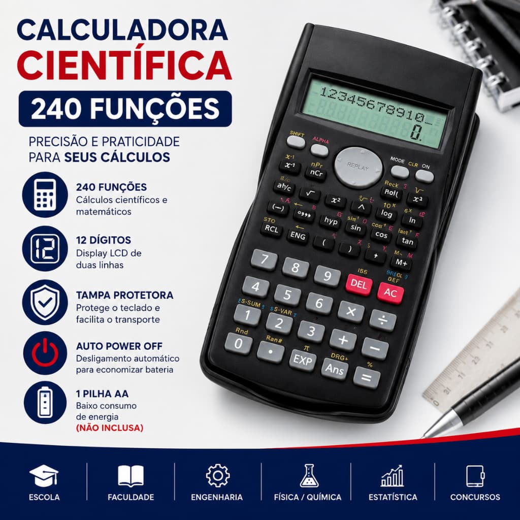 kit Calculadora Científica Matemática  240 Funções 12 Dígitos Cálculo Papelaria Funcional Contas Avançadas Trigometria
