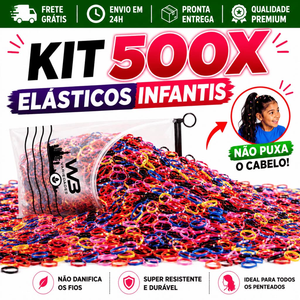 Kit 500 Unidades Elástico de Cabelo Infantil Feminino Multicolorido com Necessaire Pronta Entrega