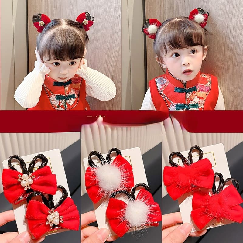 Crianças Meninas Peruca Cocar Antigo Hairpin Vermelho Bowknot Acessórios De Cabelo Ano Novo Chinês