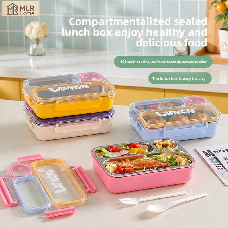 Lancheira compartimentada em aço inoxidável 304, lancheira/vazamento de água selada/com talheres/Material de qualidade a