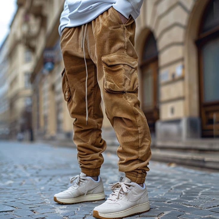 Calças casuais de veludo masculinas 2024 outono Retro solto macacão bolso pé elástico à prova de vento Design calças