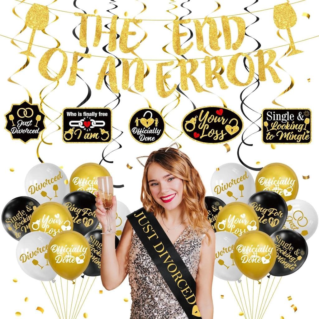 Decorações para Festa de Divórcio para Homens e Mulheres, Faixa de Divórcio em Preto e Dourado, Balões, Decorações Espir