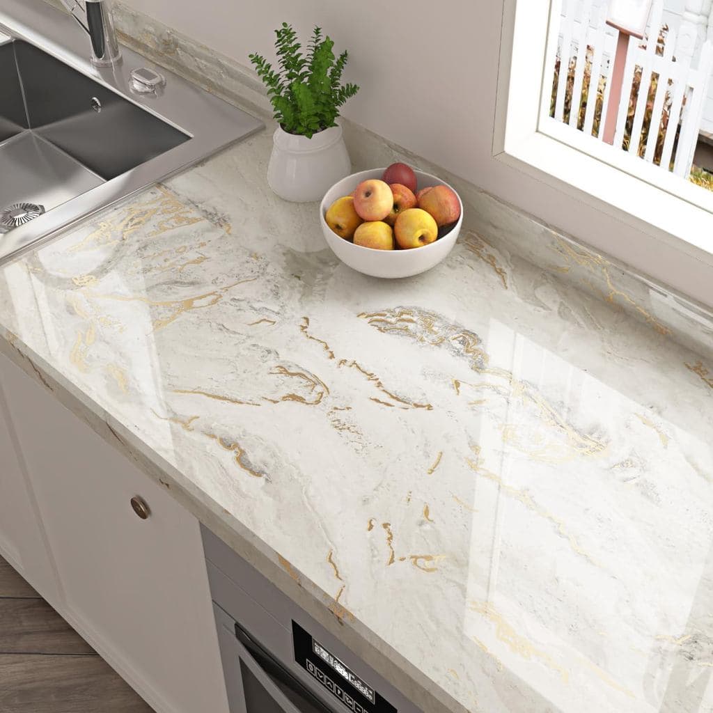 Papel Adesivo de Mármore Brilhante para Bancada de Cozinha, Papel de Parede de Mármore Bege Dourado, Papel de Parede de
