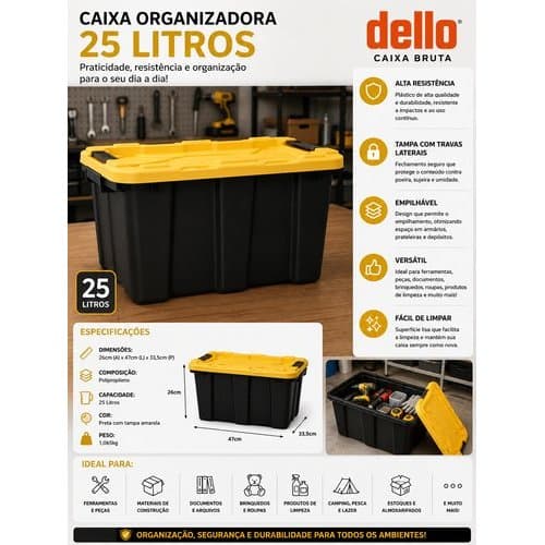 Caixa Organizadora 25 Litros Resistente Tampa Alta Armazenamento Prático Preta