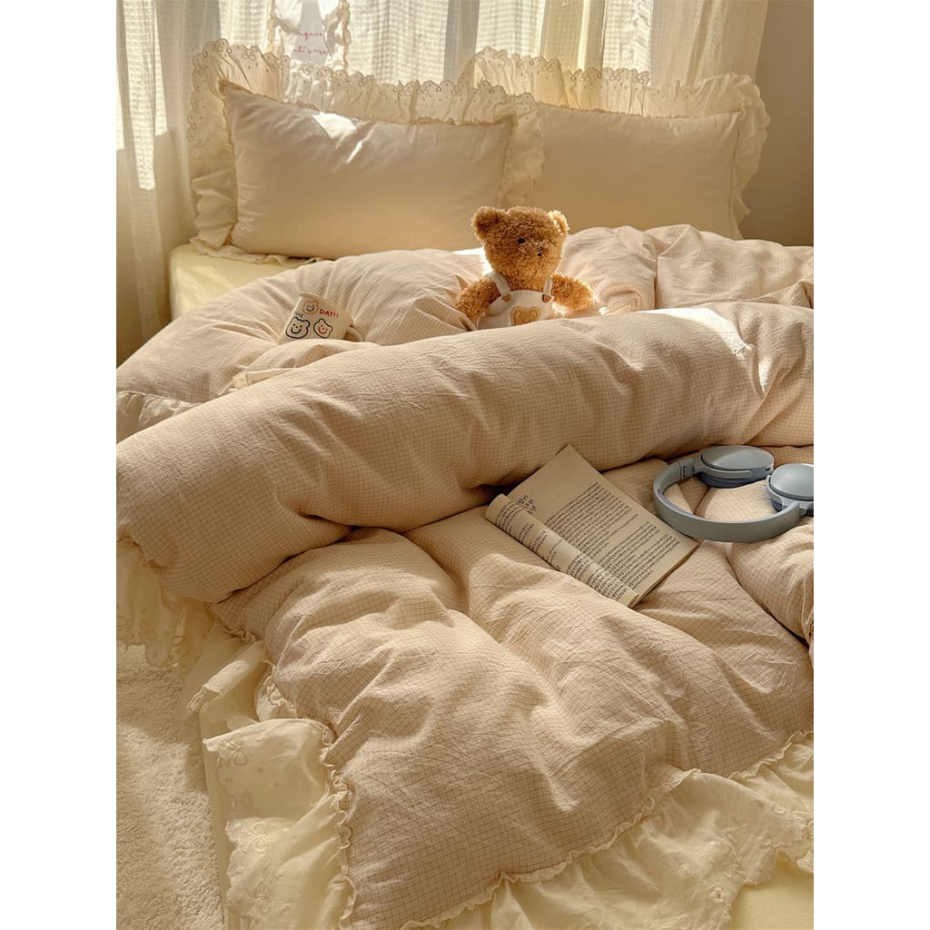 Menina francesa estilo creme pequena treliça algodão lavado cama de quatro peças conjunto estilo princesa renda colcha c